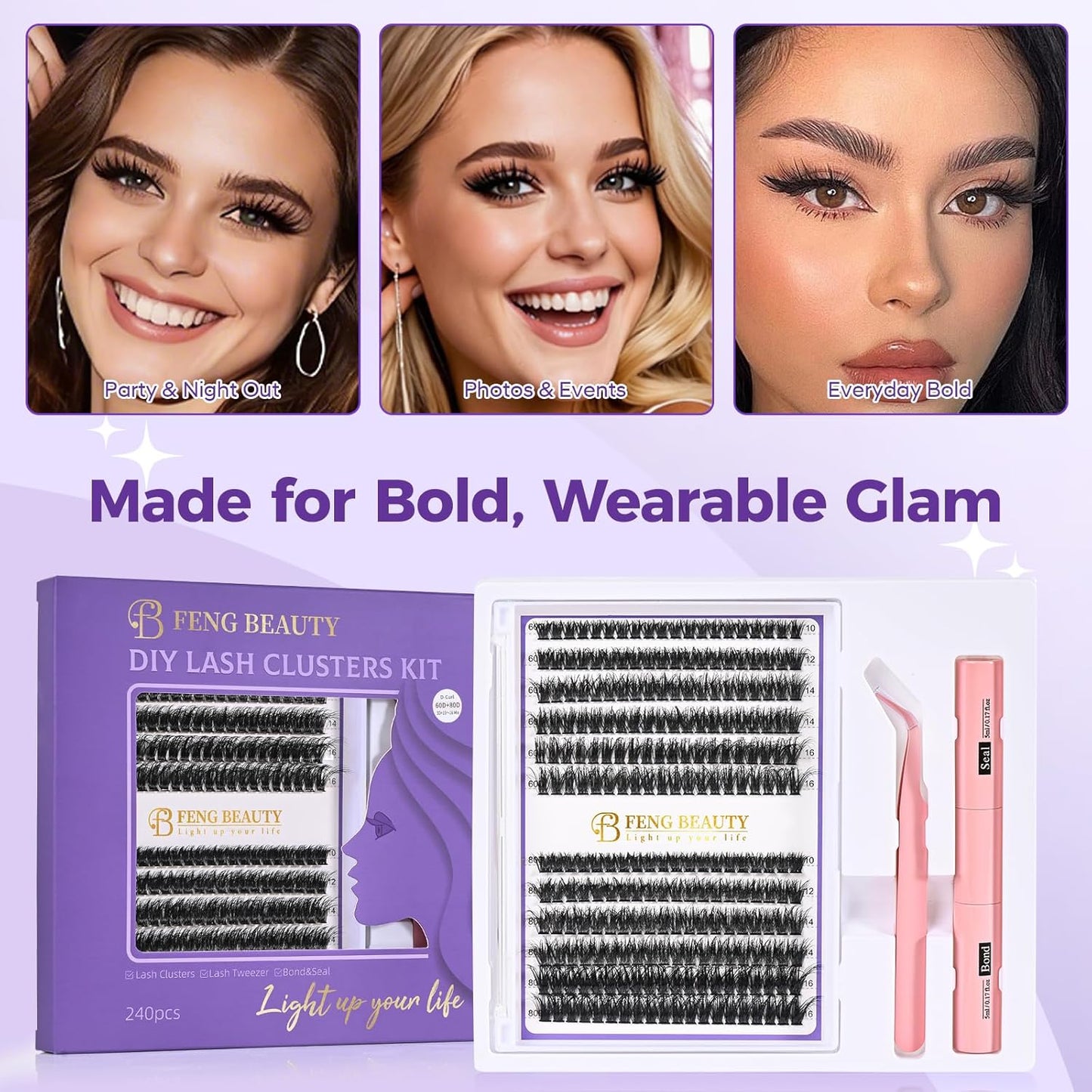 Ultra-Light Lash Clusters Kit - 240PCS Fluffy Wispy Volume | 10-16mm Mixed Lengths, Bond & Seal, Waterproof
