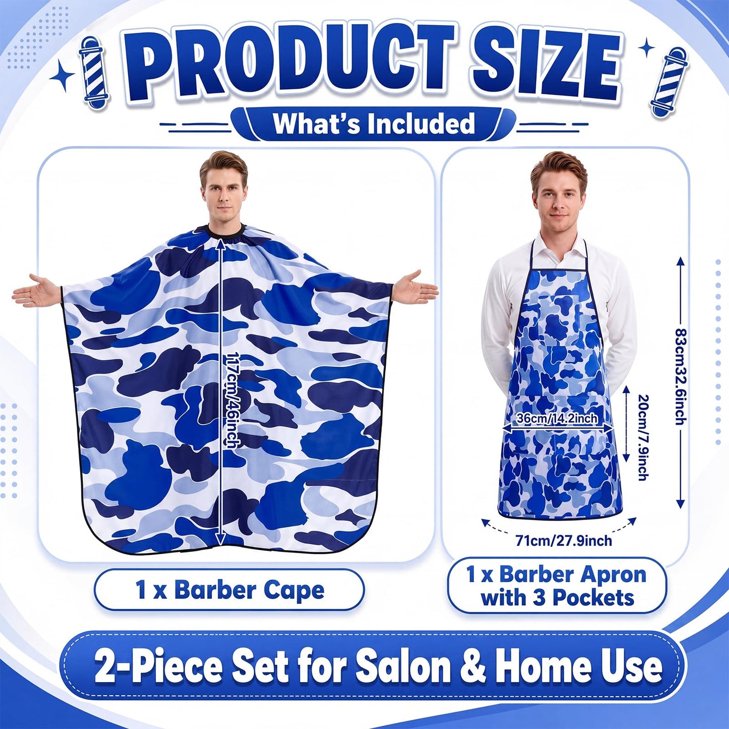 Cuffbow 2 Pcs Blue Camo Barber Cape Set Professional Hair Cutting Cape and Apron with 3 Pockets, Salon Hairdressing for Barbers, Stylists, Home Haircuts, Reusable and Adjustable