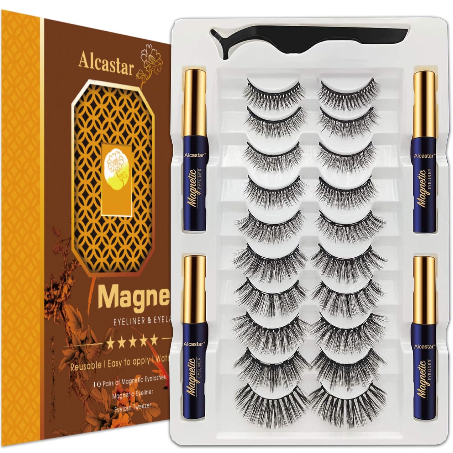 Alcastar Magnetic Eyelashes with Eyeliner Kit, Synthetic Fiber, Natural Look, Waterproof, No Glue Required (Black36)