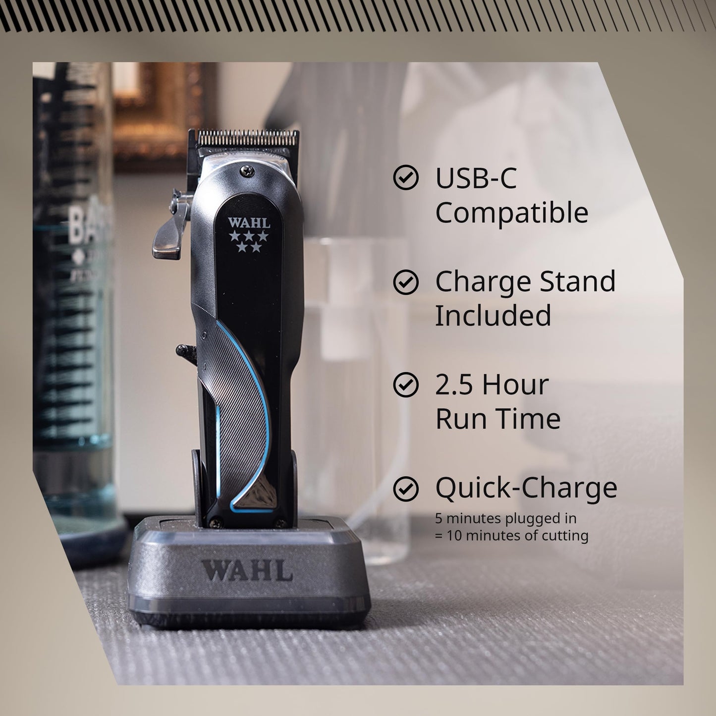 Wahl Professional Senior 2.0 Cordless Clipper, Carbon Steel DLC Coated Blade with Zero Gap Capability, Adjustable Taper Lever, Lithium Ion Power, Black and Metallic Silver
