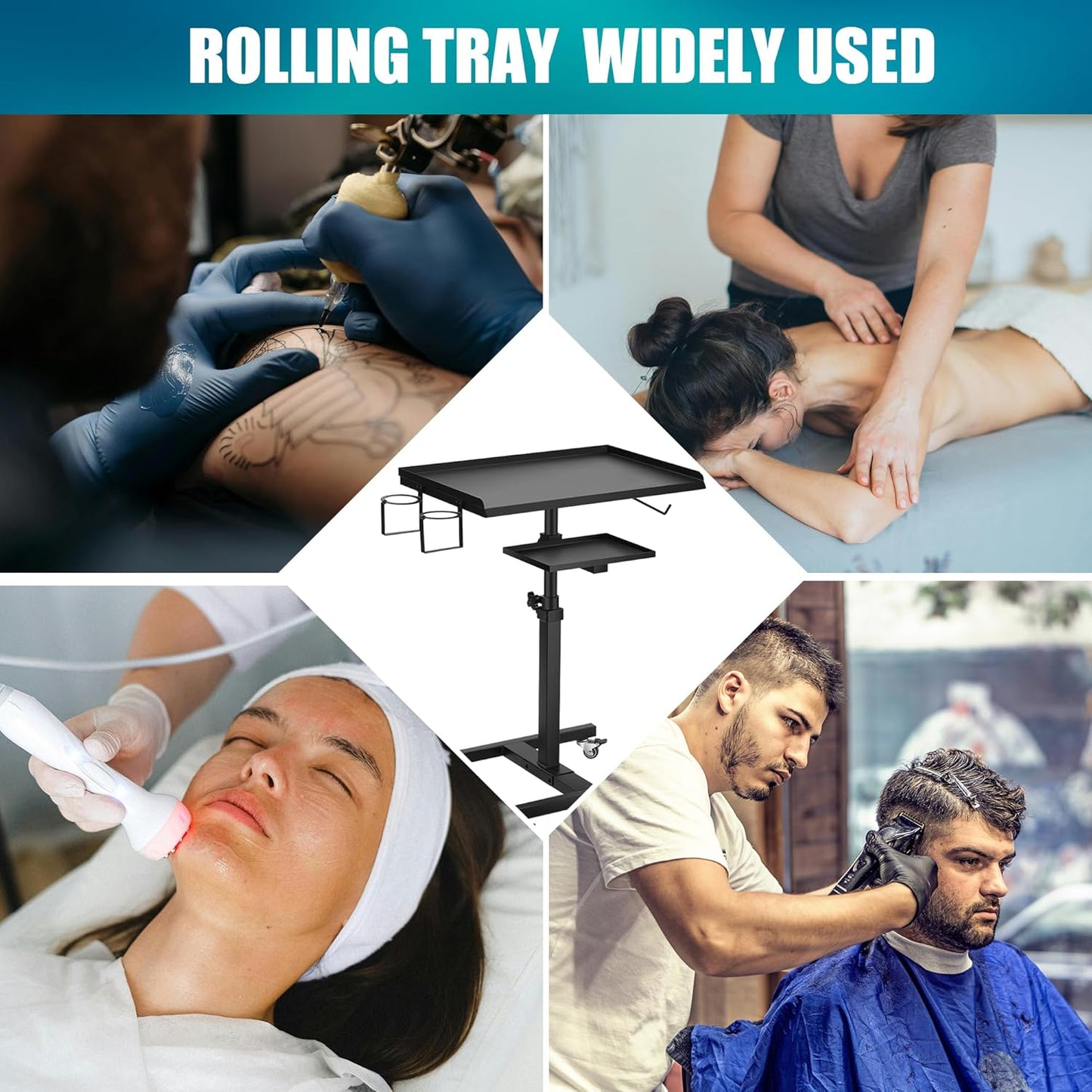 Premium Large Double Tier Rolling Workstation Table - 360° Mute Wheels for Tattoo & Beauty Salon | Storage Tray Included