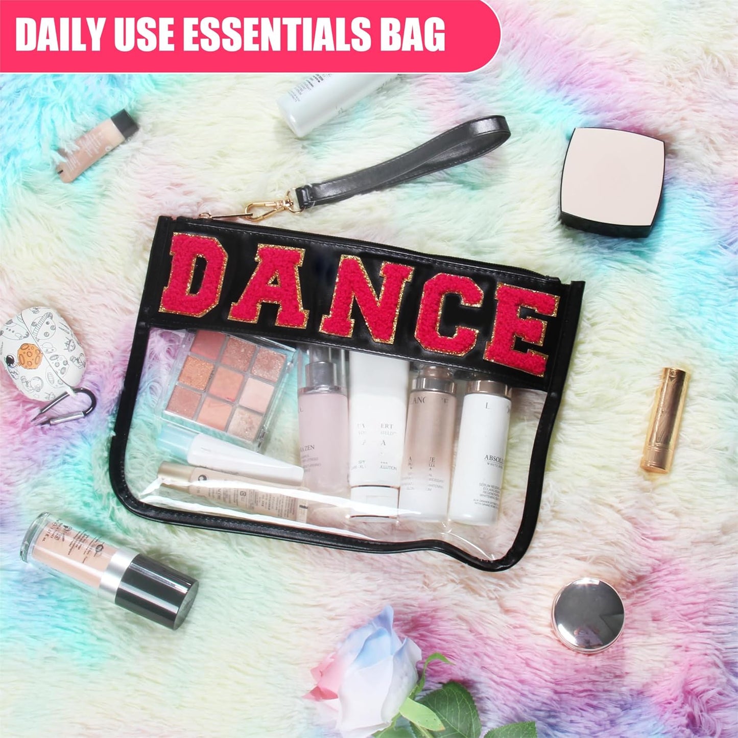 Dance Recital Gifts - Clear Makeup Letter Bag with Chenille Patch | Waterproof Cosmetic Pouch for Girls & Women