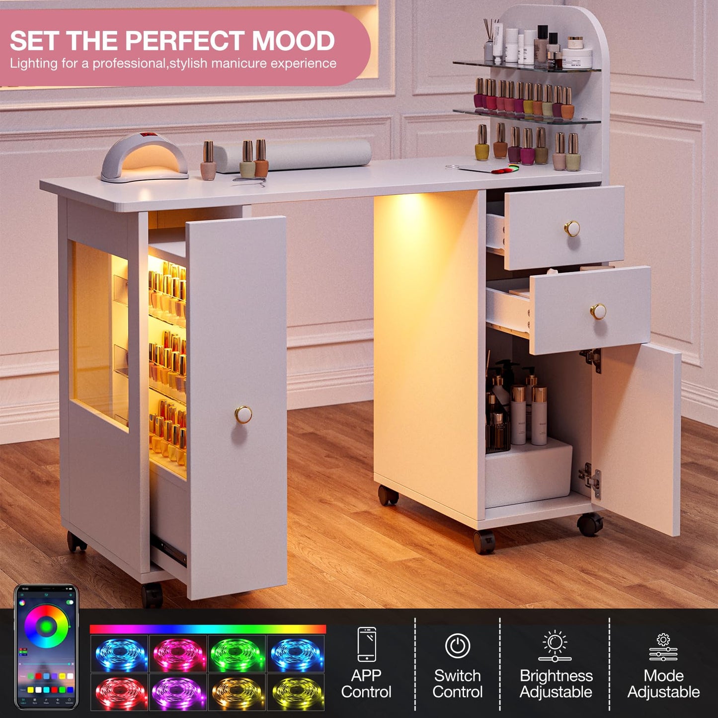 TTGIEET Professional Nail Desk for Nail Tech w/LED Light Display Cabinet, Rolling Manicure Table with Lockable Wheels, Storage Drawers, Wrist Cushion, Acetone Resistant, for Beauty Salon, Spa & Home