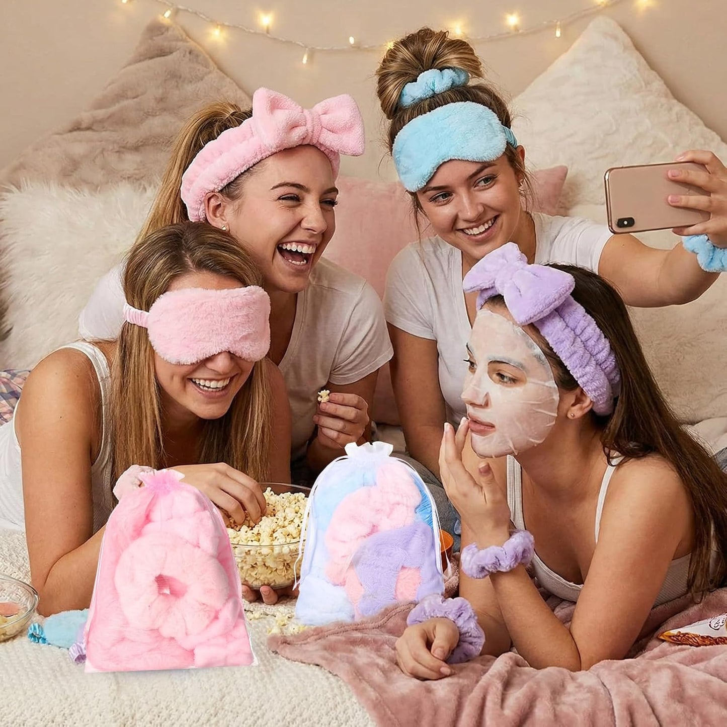Mimorou Spa Party Supplies Set - 48 Pieces with Headbands, Eye Masks & Scrunchies | Pink, Blue, Purple
