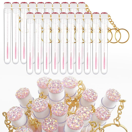 Mekupeu 20pcs Mascara Wands Set Crystal Eyelash Spoolies Eyebrow Brush and Reusable Diamond Key Chain Tube Eyelash Extension Supplies (Pink)