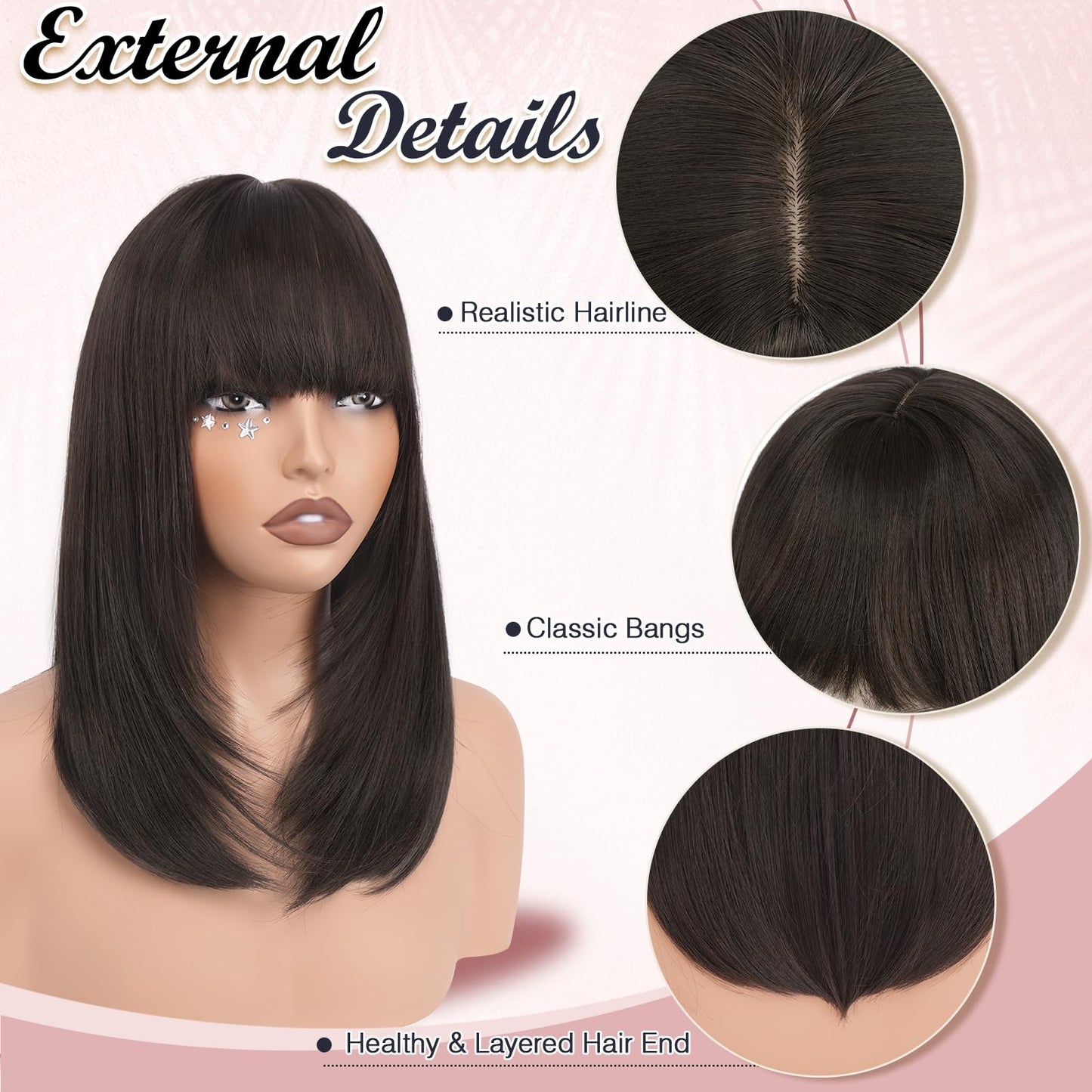 Haloo Brown Bob Wigs with Bangs Shoulder Length Straight Natural Looking Synthetic Heat Resistant Medium Hair Wigs for Women Daily Party, 16 Inch Dark Brown