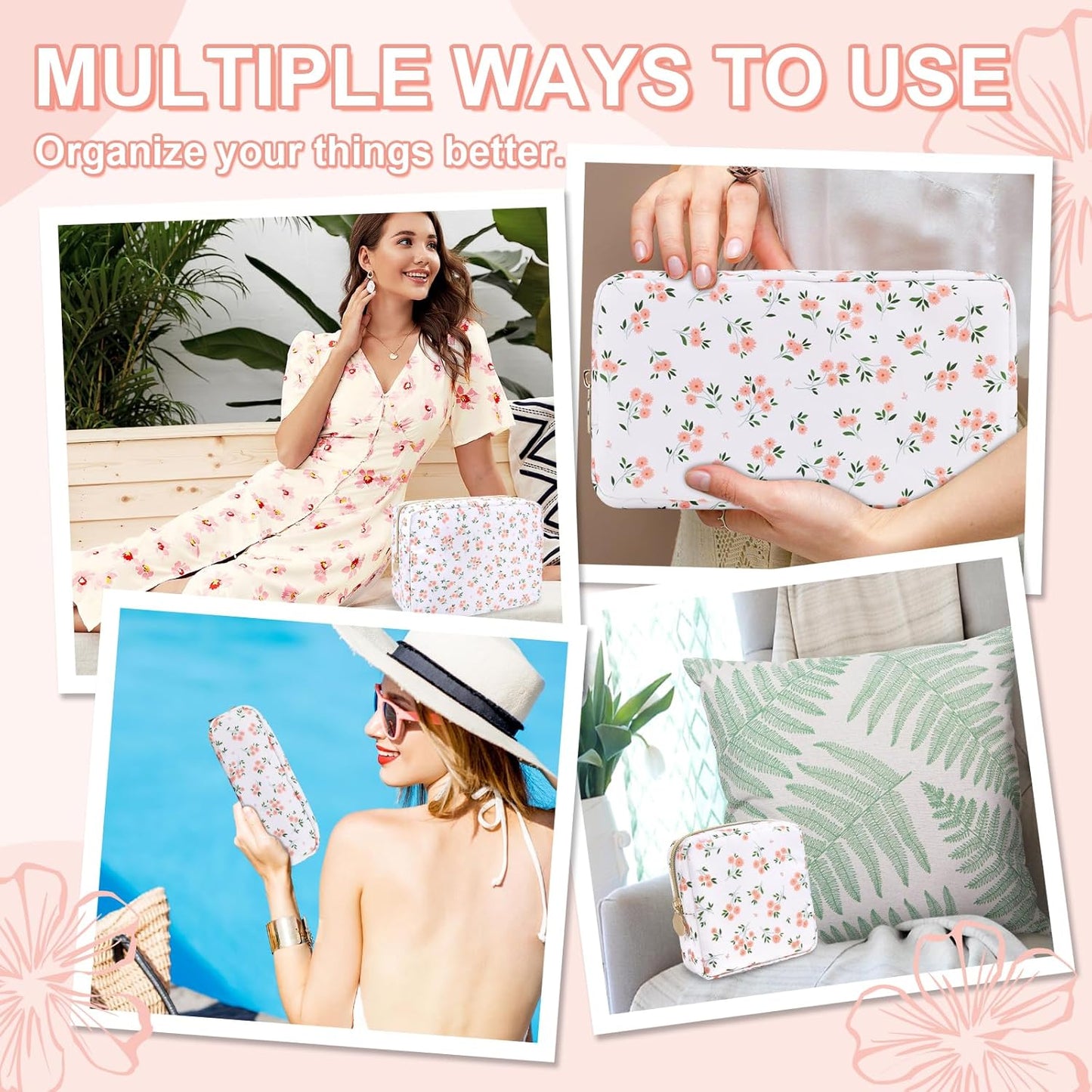 Waterproof Mini Floral Makeup Bag - Nylon Travel Pouch for Women | Cute Zipper Toiletry Organizer (Mini White-Flowers)
