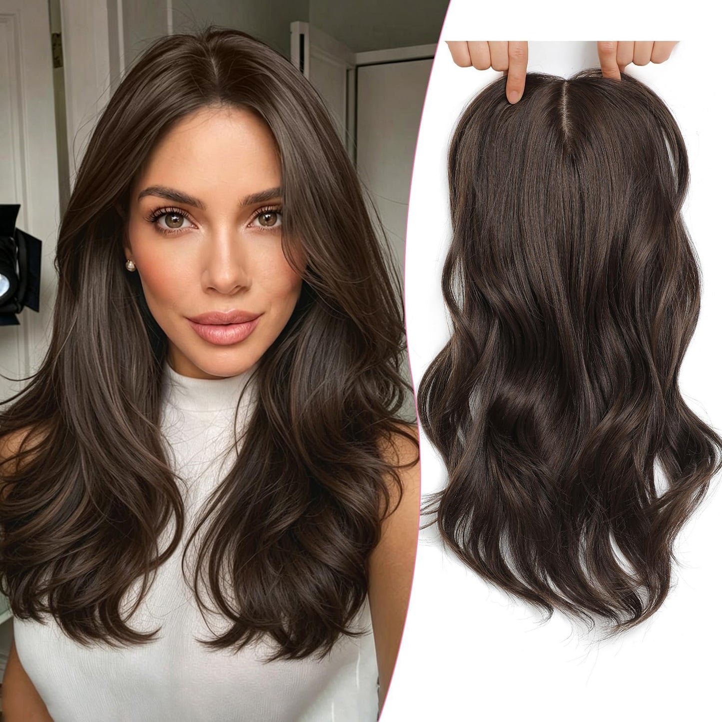 18 Inch Body Wavy Hair Topper for Women - Synthetic Clip-In, Natural Part, Dark Brown Root to Blonde Ombre with Highlights
