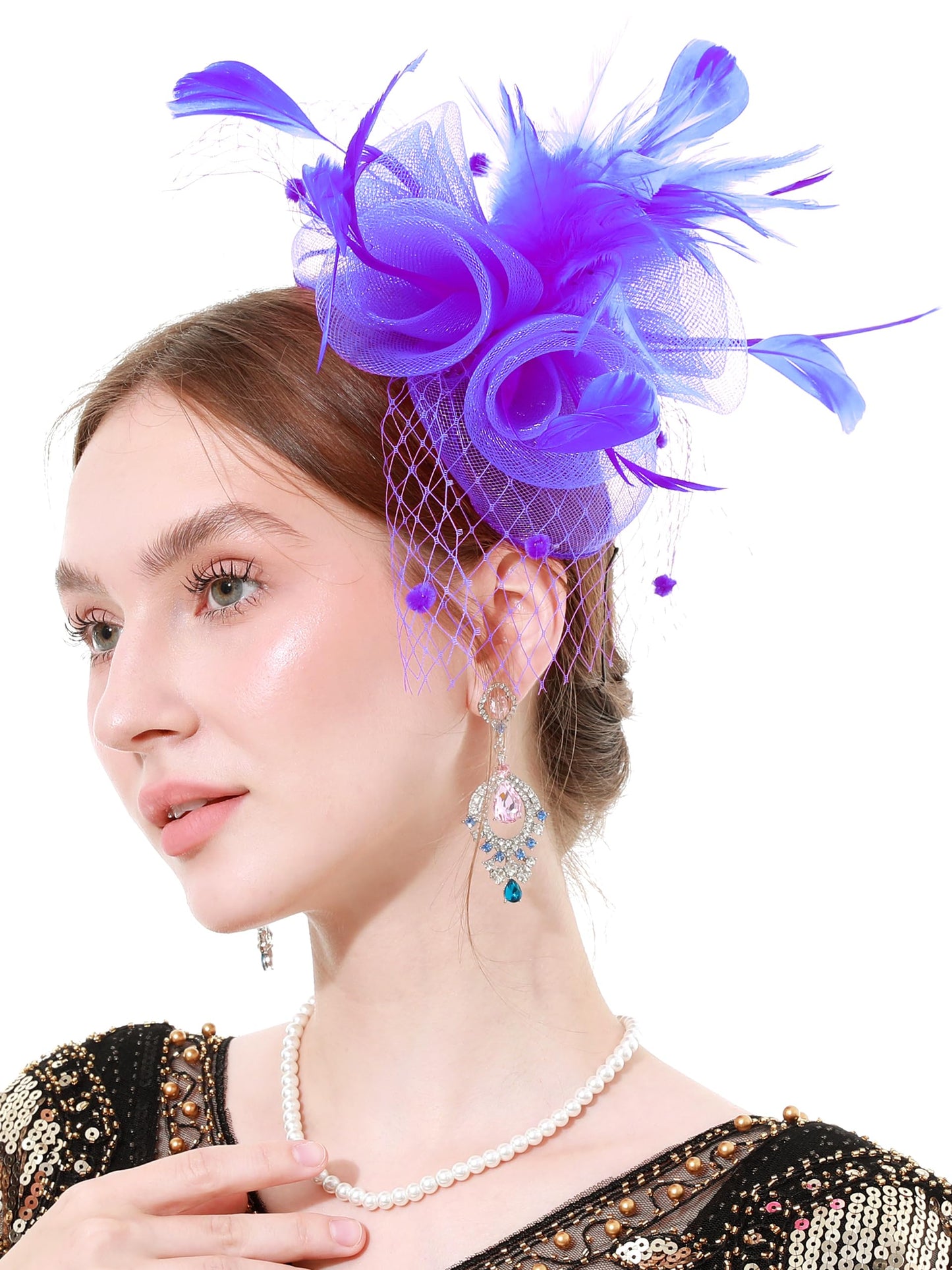 Women Fascinators Hat with Feathers Pearls for Tea Party Weddings Derby Headwear(Purple)