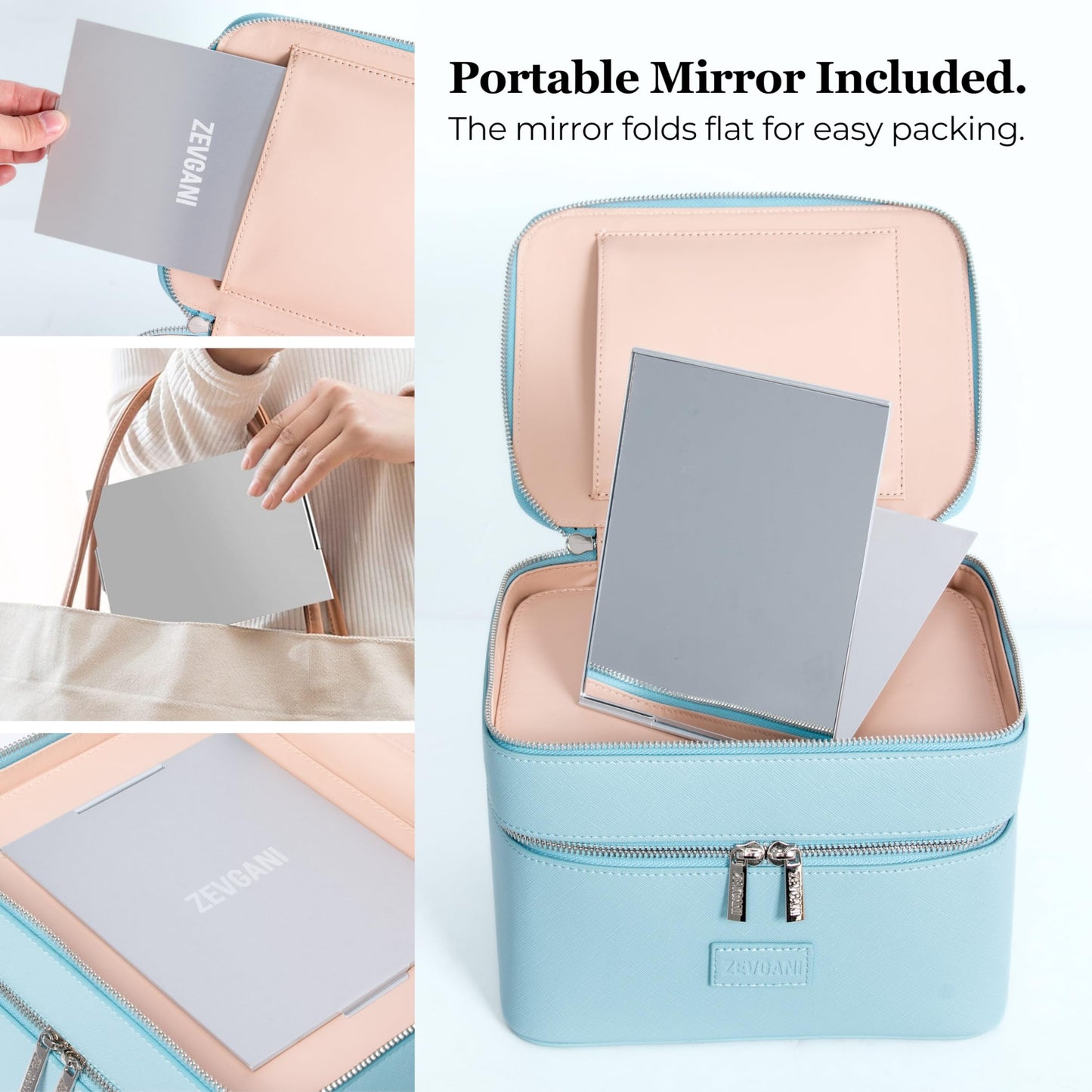 ZEVGANI Travel Makeup Bag Vanity Case with Mirror, Large Toiletry Bag Portable Leather Makeup Bag Organizer with Dual Compartments Removable Dividers for Skincare & Brushes, Blue