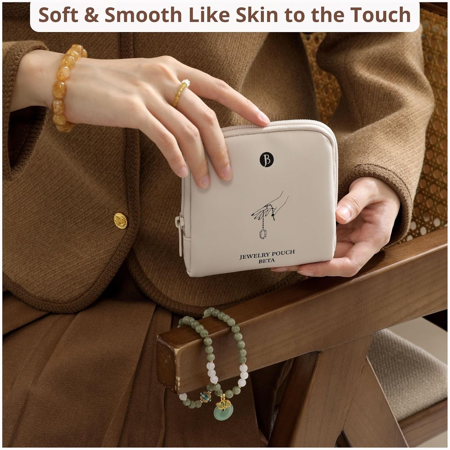 Small Travel Jewelry Case - Tangle-Free Waterproof Organizer for Valuables | Gift Box Included (Beige)