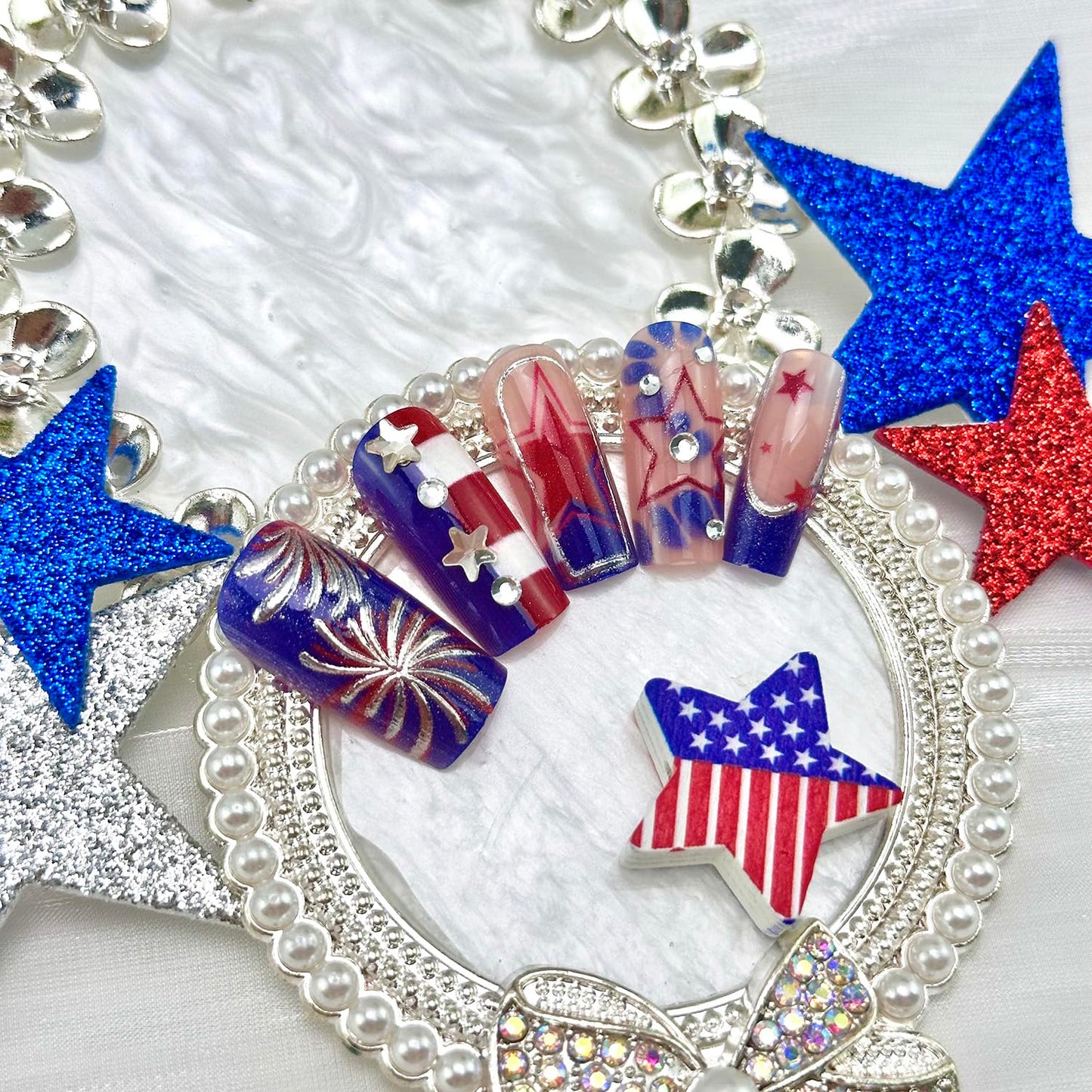 24 PCS 4th of July Press-On Nails | Medium Square Blue French Tip with Red Star Designs for Independence Day