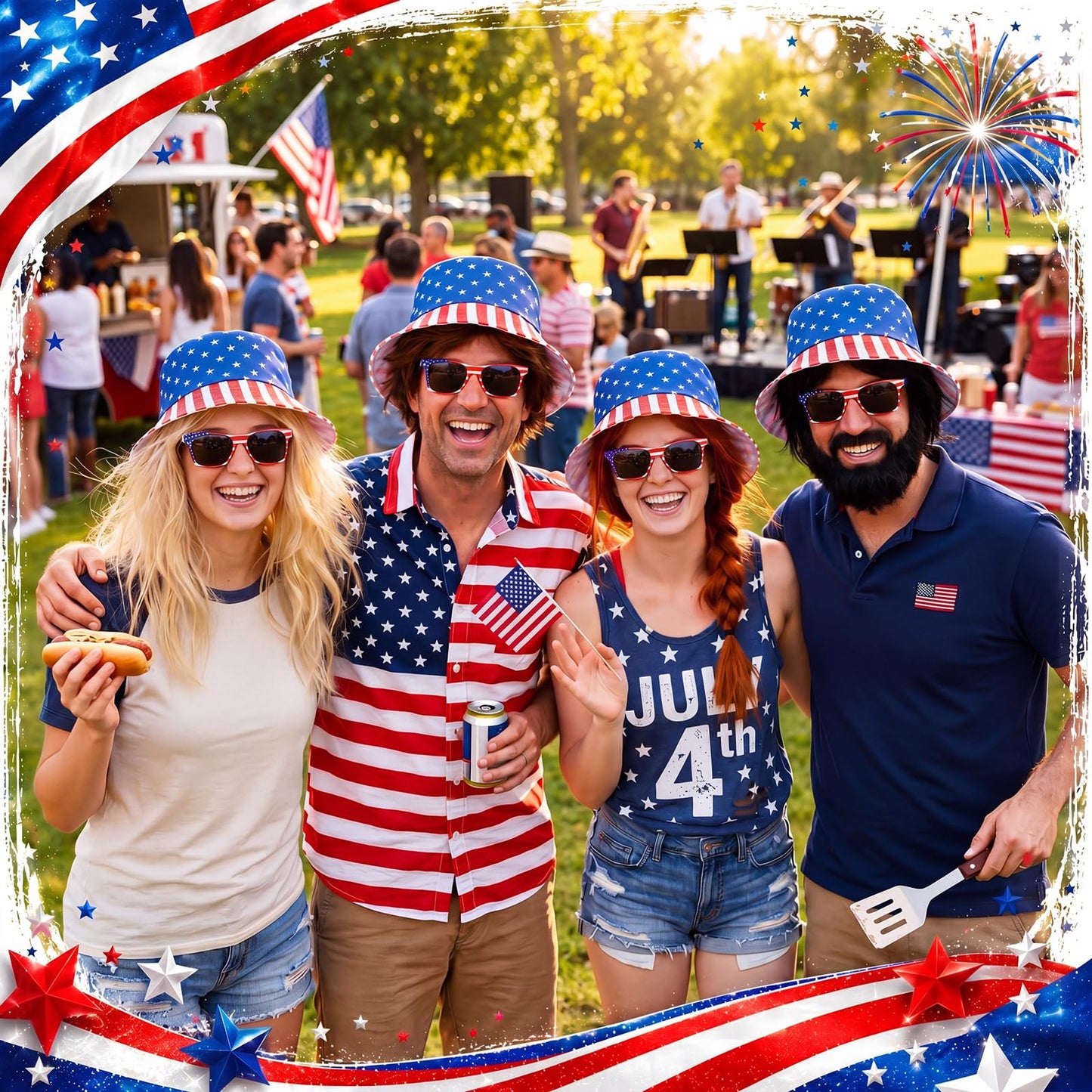 Chicingyou 24 Pcs 4th of July Accessories American Flag Hats and Patriotic Sunglasses Bulk USA Star Patriotic Cap Red White Blue Hats (Bucket Hats)
