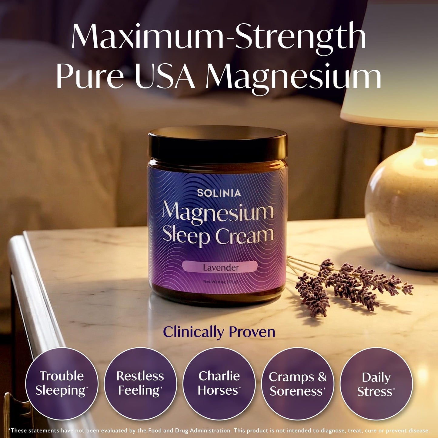 Solinia Magnesium Sleep Cream, USA-Made Topical Magnesium Lotion for Sleep, Lavender Lotion for Feet, Nighttime Mag Oil Body Butter, Foot Cream, Relaxing Rub for Muscles, 4oz