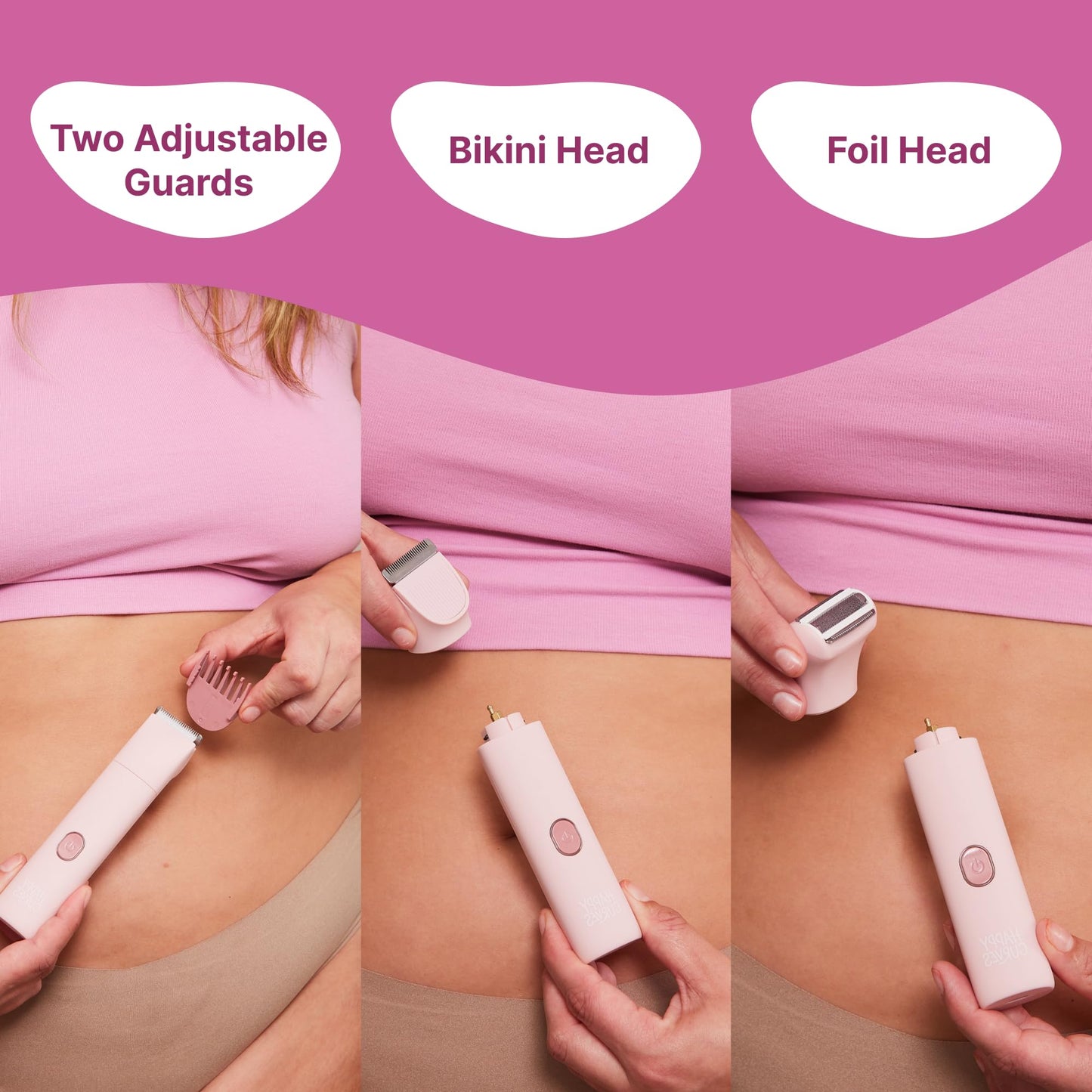 HAPPY CURVES Smoothie Bikini Trimmer - Electric Razor for Women, Waterproof Hair Groomer with Adjustable Guards, Personal Shaver for Pubic Hair, Ladies Intimate Shaver and Body Trimmer (Guava 1.0)