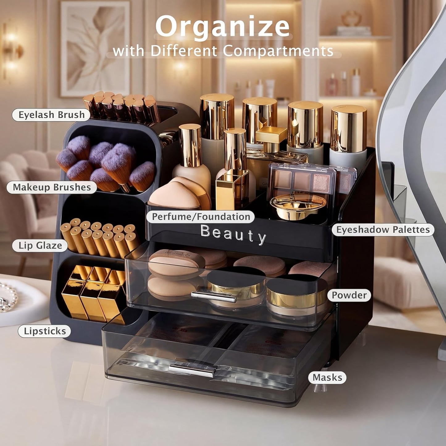 Makeup Organizer for Vanity - Spacious Countertop Storage with Brush Holder & Drawers | Ideal for Cosmetics & Skincare