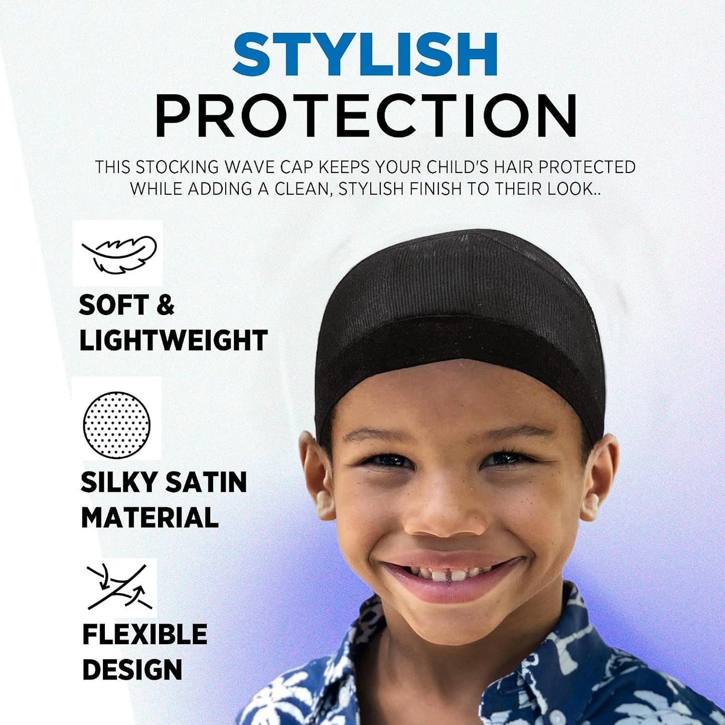 Kids Wave Cap - Soft Stretchable Nylon Hair Cover for Boys & Girls | 2PCS Black