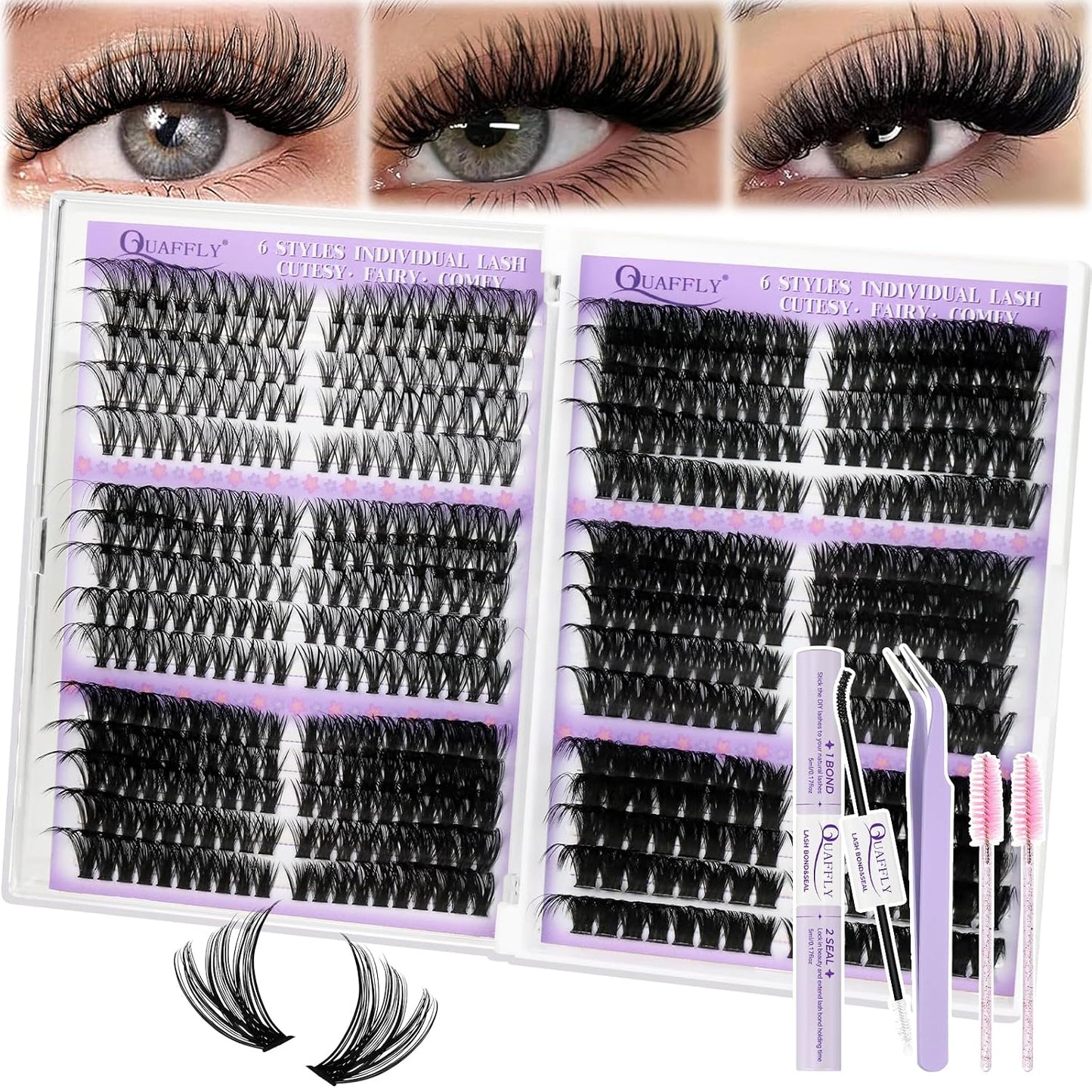 DIY Lash Extension Kit - 100D & 150D Volume Lash Clusters with Spikes | Wispy Bottom Lashes, Bond & Seal, Easy Application