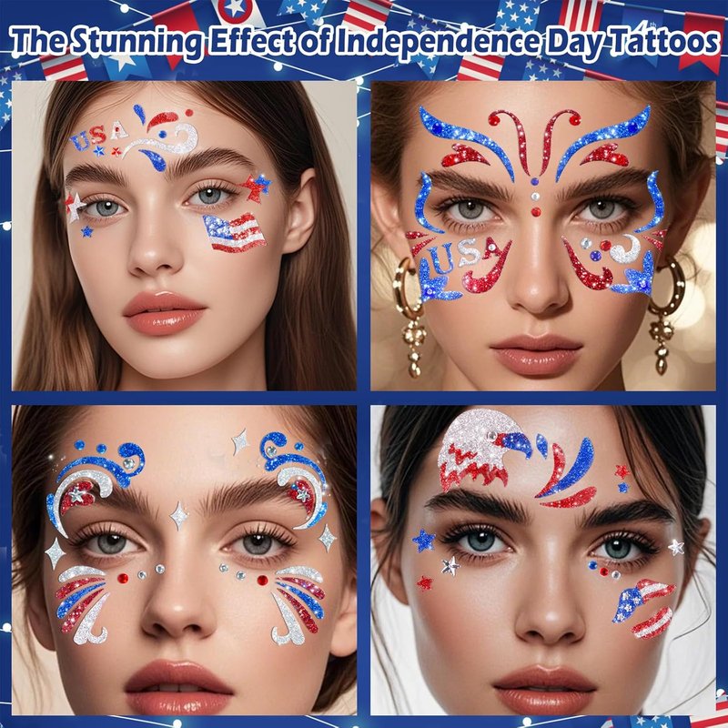 Independence Day Temporary Tattoos - 6Pcs Red, White & Blue Glitter Face Stickers | Self-Adhesive Star Art for 4th of July