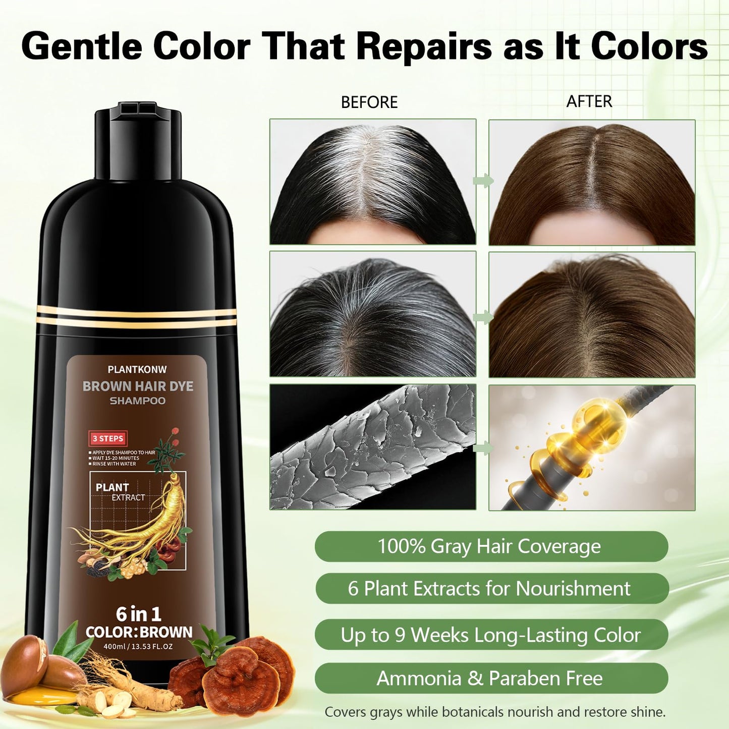 Plantkonw Brown Hair Dye Shampoo, 6 In 1 Semi Permanent Hair Color Shampoo for Gray Coverage, Natural Hair Dye for Women & Men, Ammonia & Paraben Free