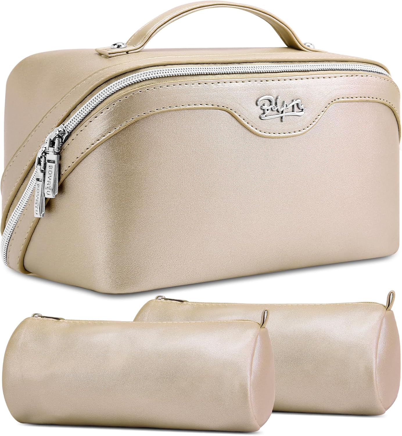 Travel Makeup Bag Organizer Set - 3 Pcs Waterproof Vegan Leather Cosmetic Bags for Women | Black