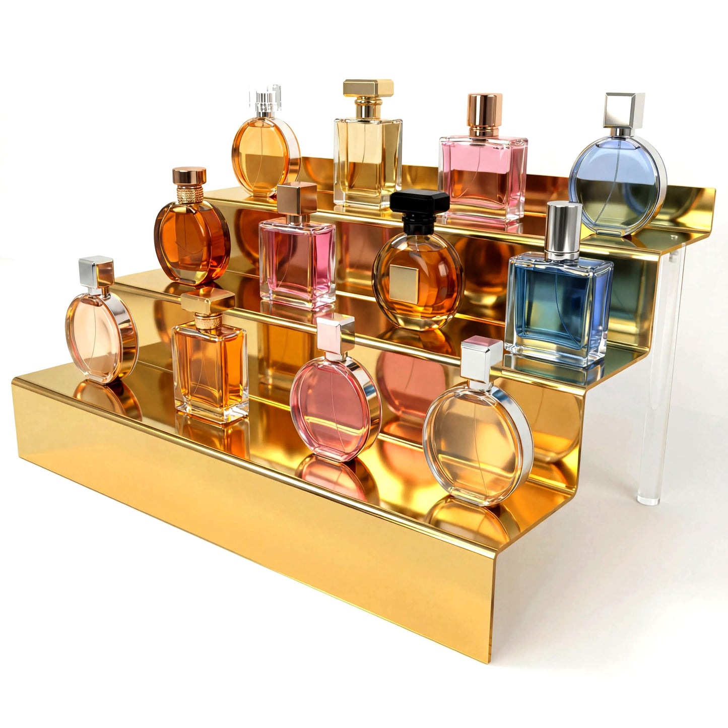 YMVV 12 IN Mirror Gold Acrylic 3 Tier Display Riser Perfume Organizer, Perfume Cologne Organizer Holder, Pops Toy Figures, Clear Cupcake Riser, Dessert Shelf