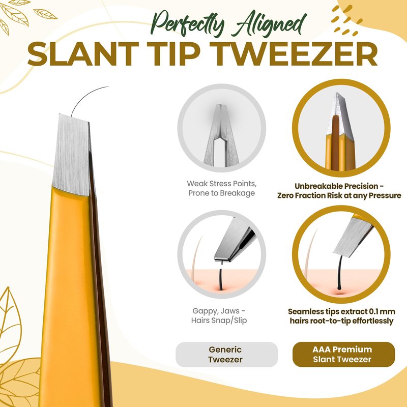 Professional Slant Tip Eyebrow Tweezers for Women & Men – Precision Hair Removal Tool – Stainless Steel Tweezers for Eyebrow Shaping, Facial Hair, Ingrown Hair & Splinter Removal (Golden Glow)