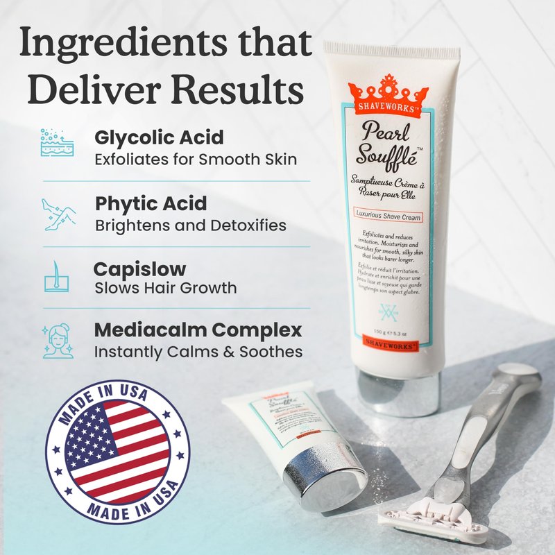 Shaveworks Shaving Cream for Women 5.3 Oz Pearl Soufflé: Exfoliates, Moisturizes, Reduces Irritation, and Minimizes Future Hair Growth – Womens Bikini Shave Sensitive Skin Areas