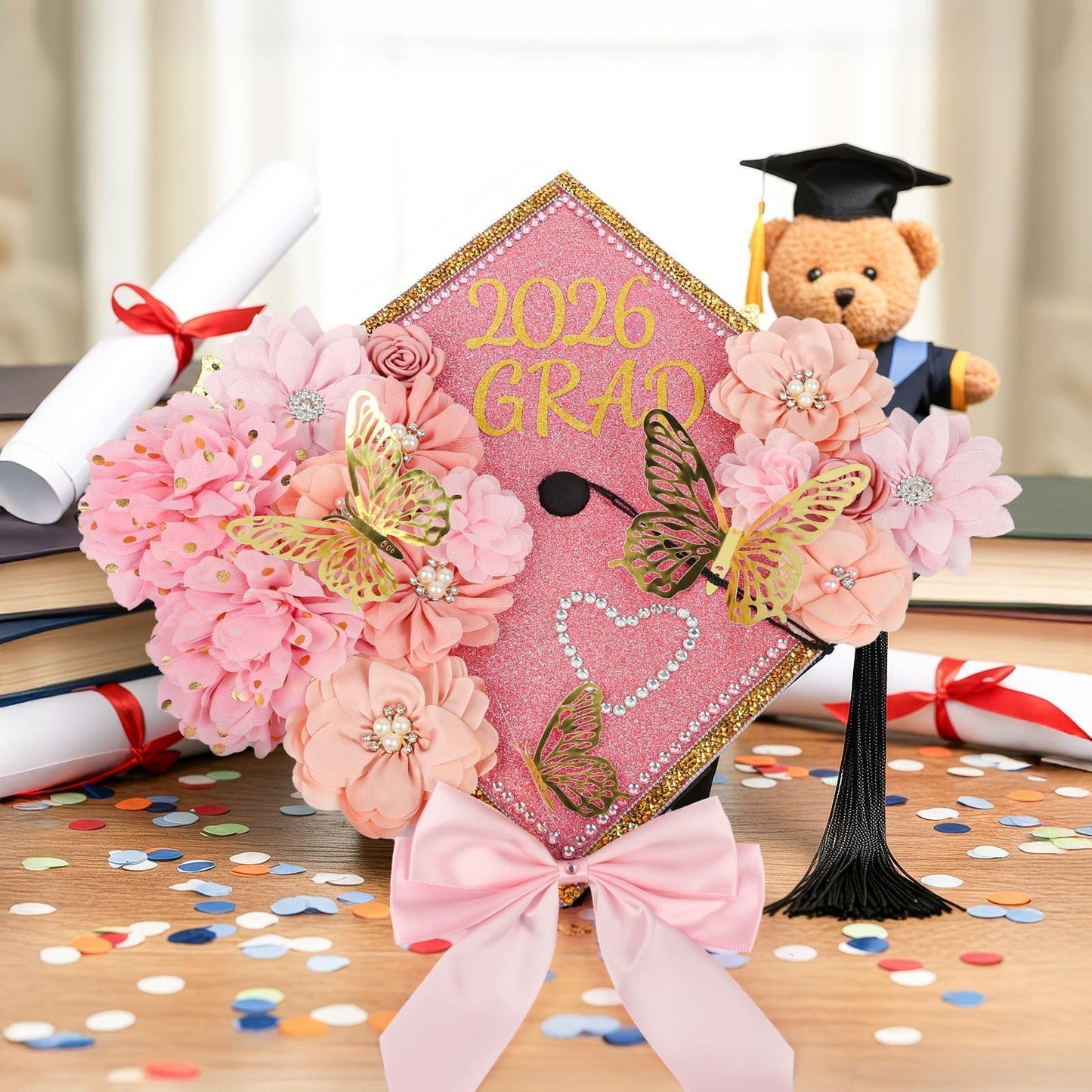 Graduation Cap Decorations Kit 2026 DIY Cap Decorations 36PCS Included Fake Flowers Heads Bow 3D Butterfly Self Adhesive Rhinestones Stickers Alphabet Letter Stickers for Grad Party Decor, Pink
