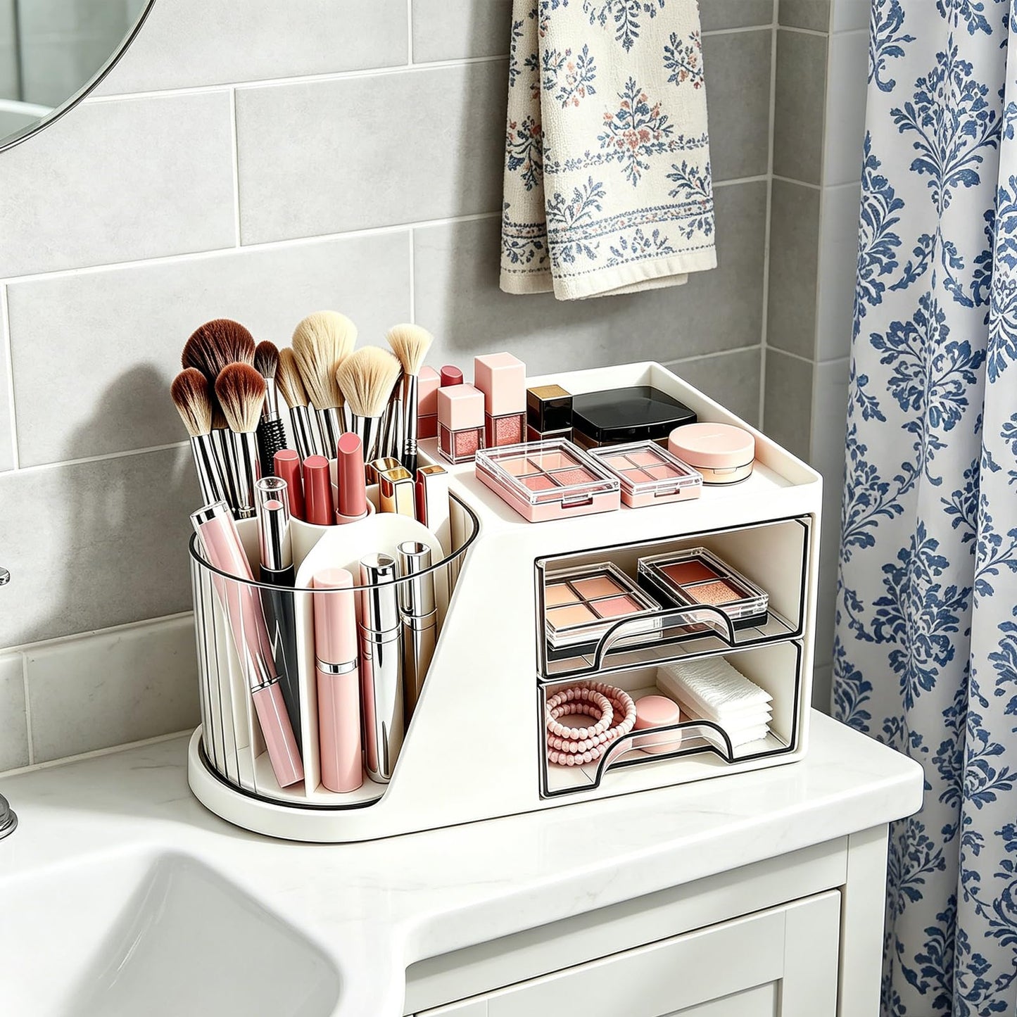 Neehows Makeup Organizer with 360°Rotating Brush Holder & 2 Drawers - White