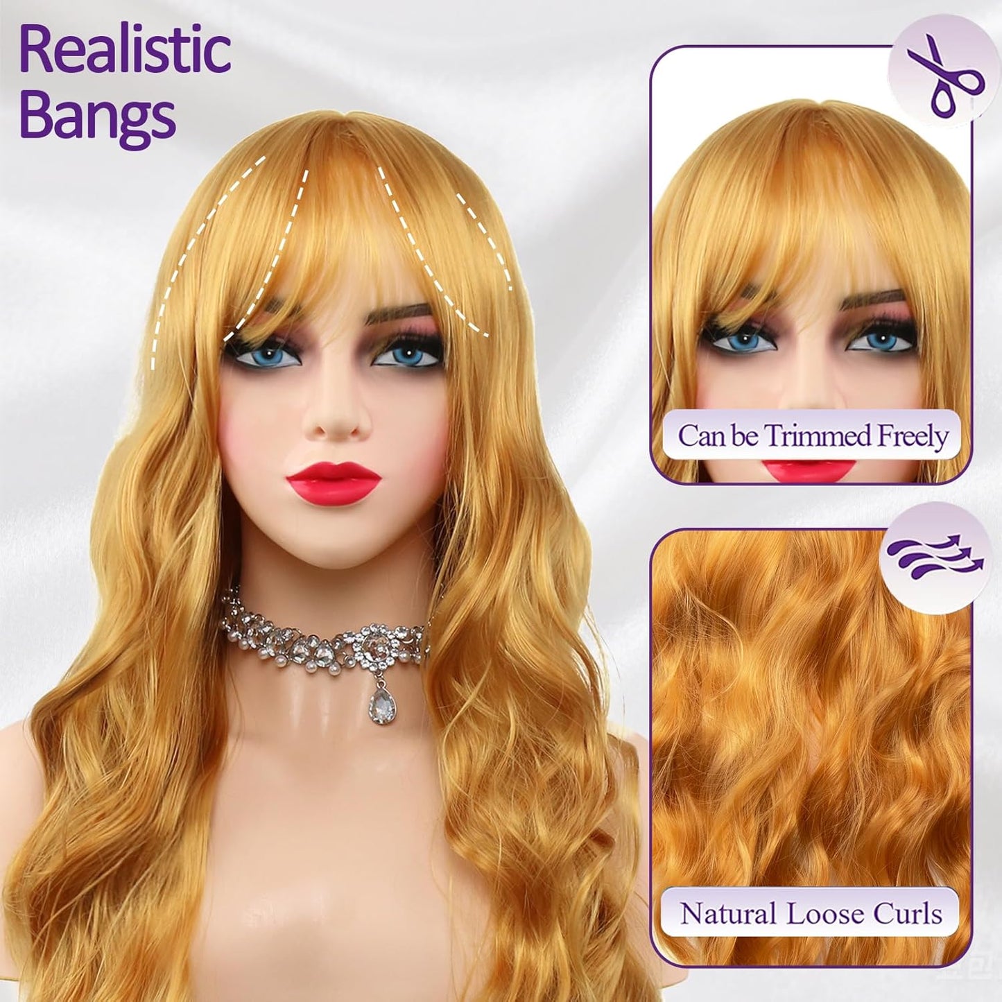 Honey Blonde Wigs for Women - 26 Inch Long Wavy Curly Synthetic Wig with Bangs | Heat Resistant Cosplay Style