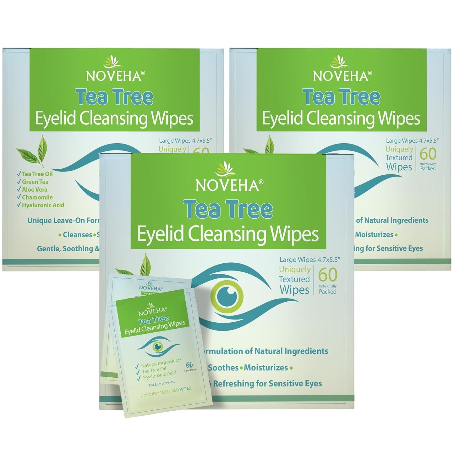 NOVEHA Tea Tree Oil Eyelid & Lash Wipes - Hyaluronic Acid, Green Tea & Chamomile | 60 Individually Wrapped Cleansers for Blepharitis & Itchy Eyes