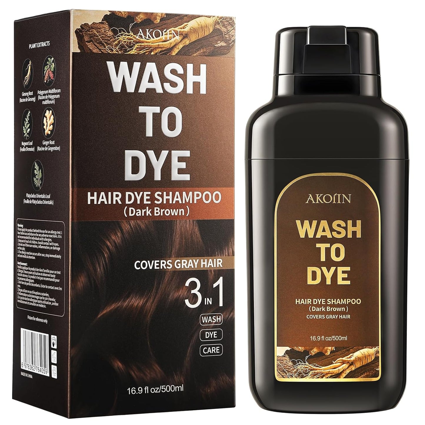 Hair Dye Shampoo for Gray Hair - 30-Minute Ammonia-Free Color for Men & Women | Dark Brown 500ml