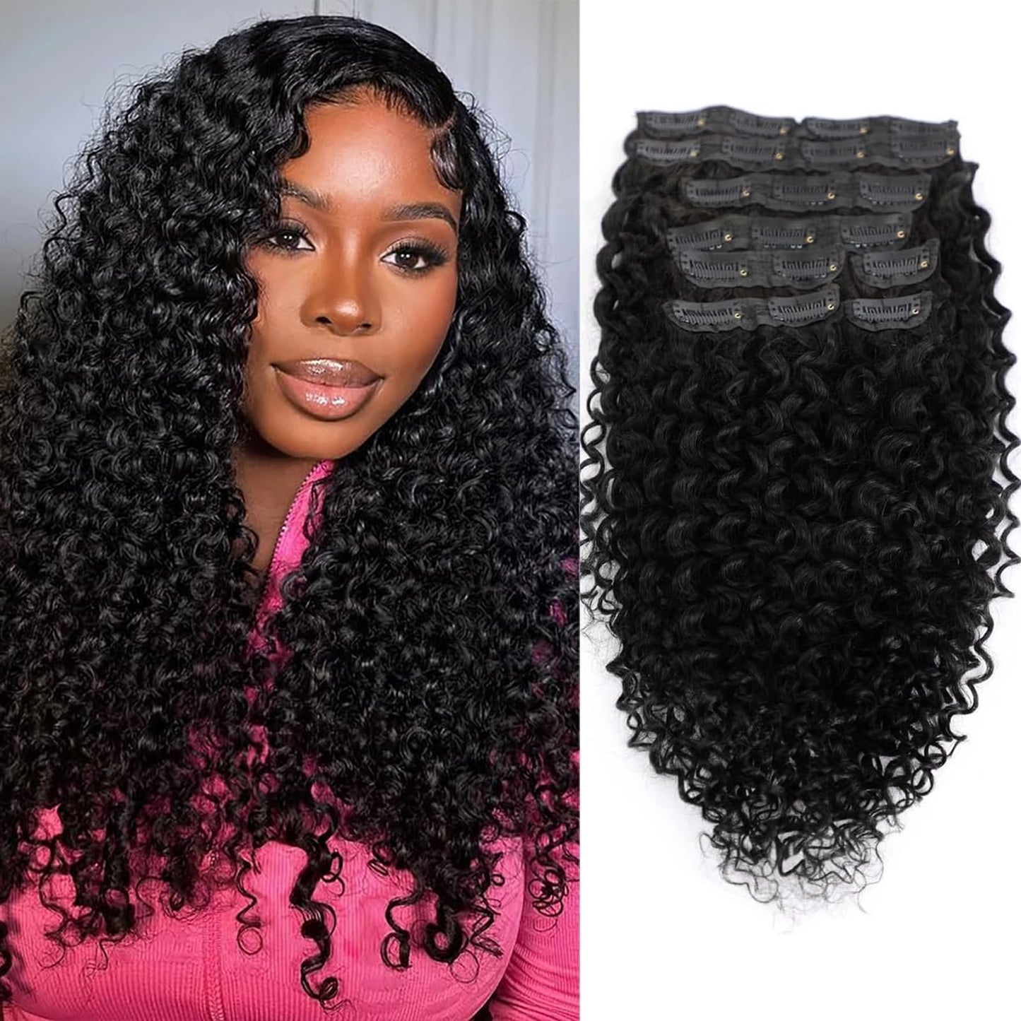 16 Inch Kinky Curly Clip ins Human Hair 110g 8pcs 20 Clips 3C 4A Curly Clip In Hair Extensions Real Human Hair Brazilian Virgin Hair Full Head for Women Natural Black Color