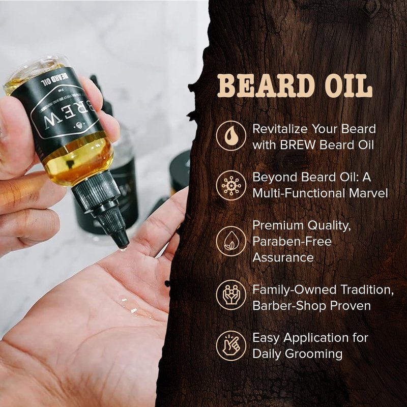 Complete Men's Beard Grooming Kit by BREW Grooming - Ultimate Gift Set Kit for Men including Wooden Comb, Beard Oil, Clear Shave Gel & Travel Toiletry Bag