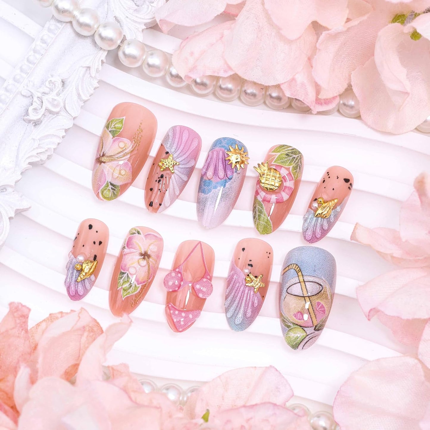 Press-On Nails - 24Pcs Medium Almond Beach Flower Design | Full Cover Acrylic with Shell & Starfish Rhinestones