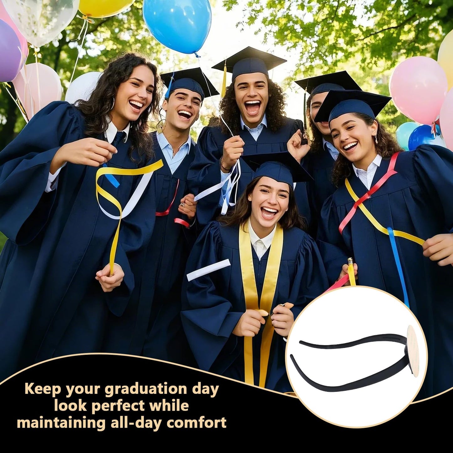 Tryly 2 Pack Graduation Cap Headband Insert, Anti-Slip Stabilizer, Eyeglasses Compatible, Graduation Gift for Graduates (Black 2pcs)