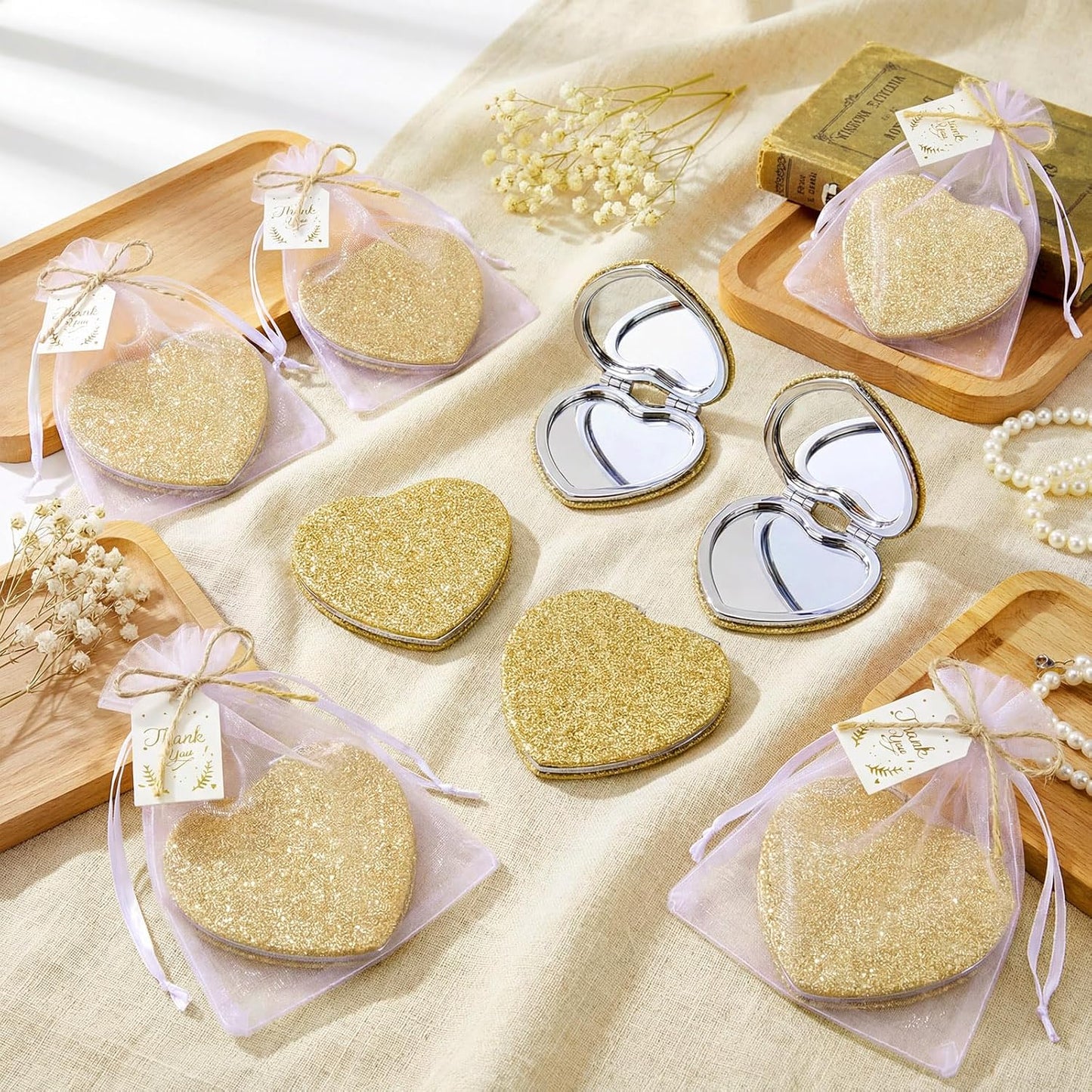 Heart Glitter Compact Mirror - Gold Magnifying 1x/2x PU Leather | Perfect Gift for Women, Bridal Showers & Weddings