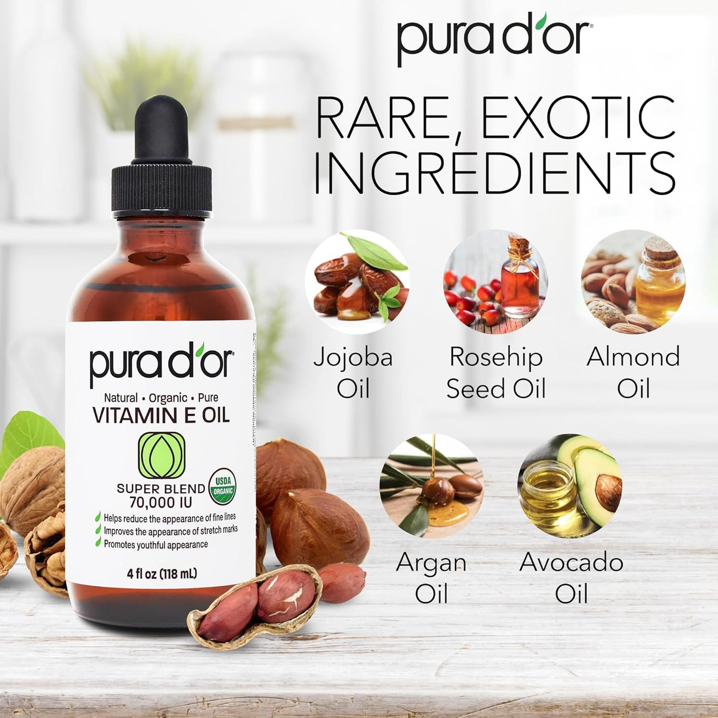 PURA D'OR Organic Vitamin E Oil - 70,000 IU Ayurvedic Skin Care | Lightweight Moisturizer for Face & Body