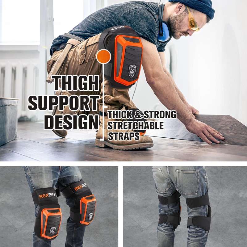 REXBETI New Upgraded Knee Pads for Work, Construction Knee Pads for Men, Heavy Duty Comfortable Anti-Slip Foam Gel Knee Pads for Gardening Flooring and Cleaning, Extra 4 Extension Straps, Orange