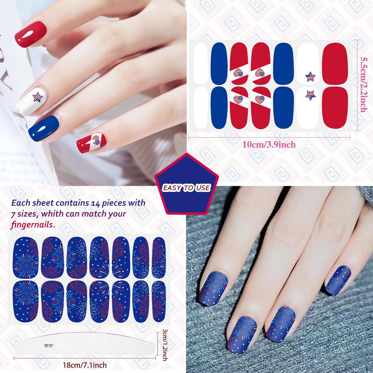 JERCLITY 6 Sheets Independence Day Nail Wraps for Women Self-Adhesive 4th of July Nail Polish Strips Patriotic Nail Strips for Memorial Day（4th of July-B）
