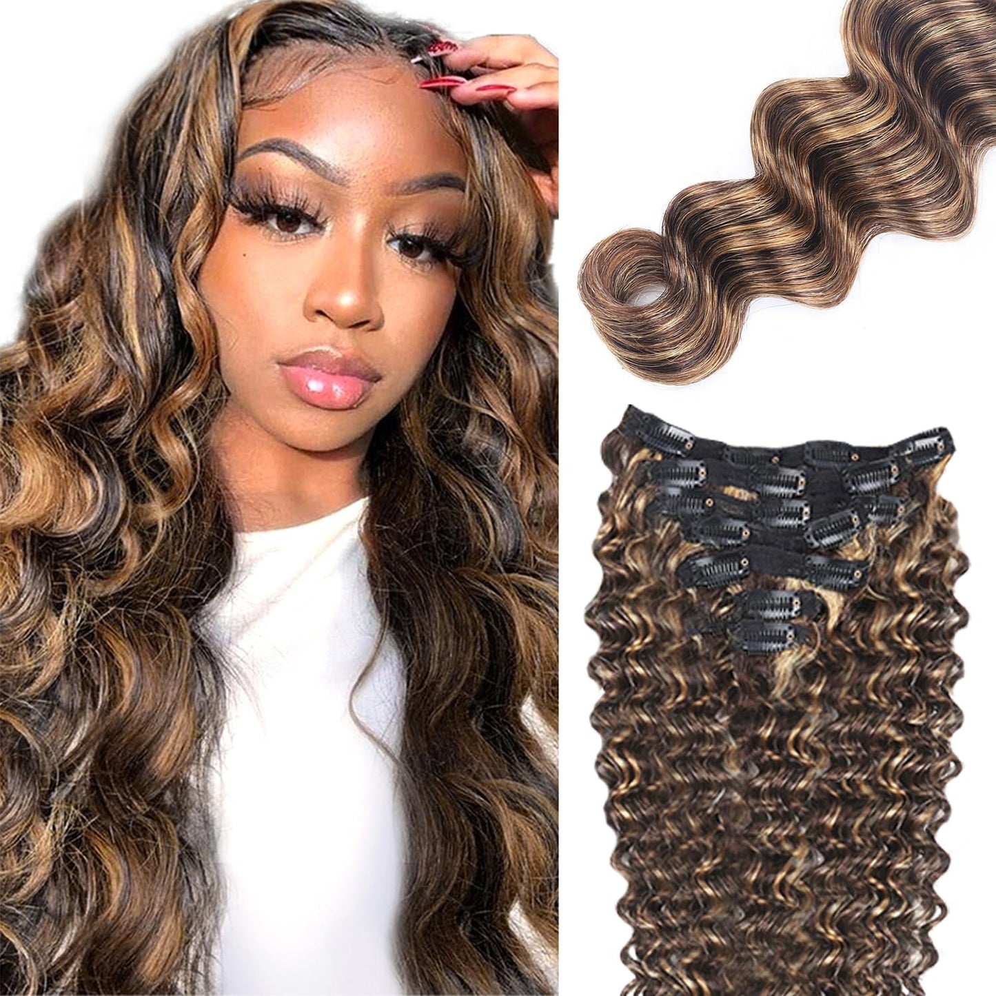 P427 Blonde Clip in Hair Extensions Real Human Hair, 14 Inch 120g/7Pcs,Full Shine Remy Human Hair,Highlight Brown Deep Wave Clip ins Brazilian Virgin Human Hair Extensions
