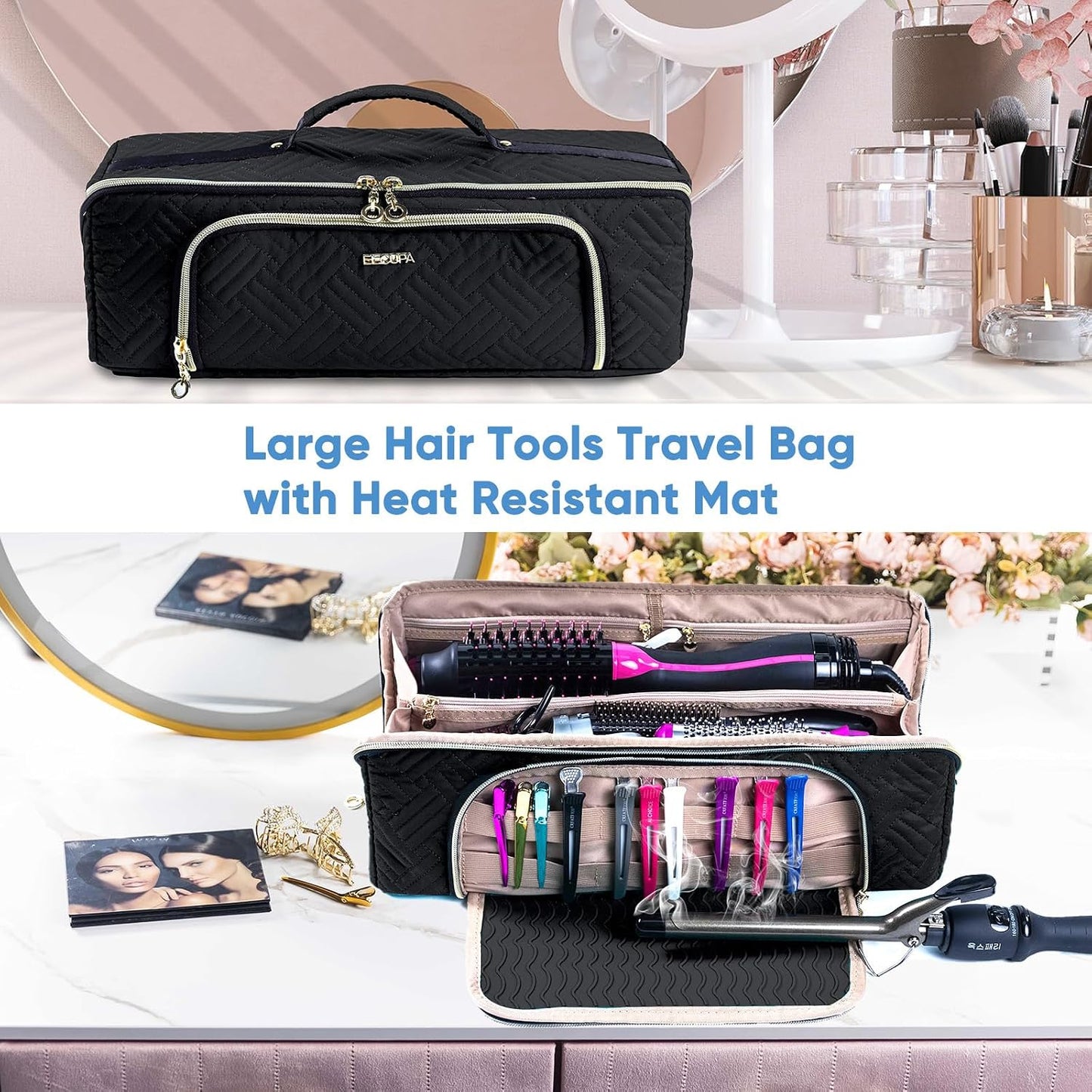 Large Hair Tools Travel Bag - 2-in-1 Organizer for Hair Dryer, Flat Irons & Curling Irons | Perfect for Travel Essentials