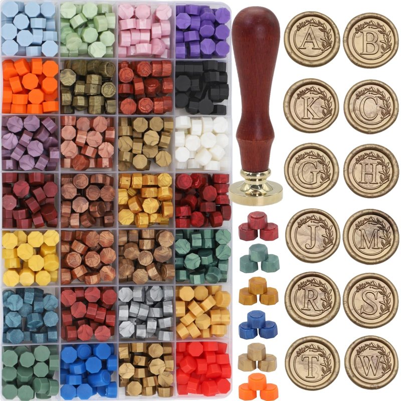 732 Pcs Sealing Wax Stamp Kit with Electric Wax Seal Warmer, Initial Alphabet M Seal Stamp, Assorted Colors Waxseal Beads, Spoon, Pen, Letter Sealingwax Kit (M)