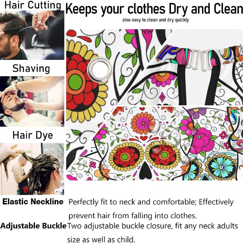 visesunny Barber Cape Sugar Skull With Flower Polyester Hair Cutting Salon Cape Apron Anti-Static Haircut Shaving Cloth Beard Shaving Bib Hairdressing Cape