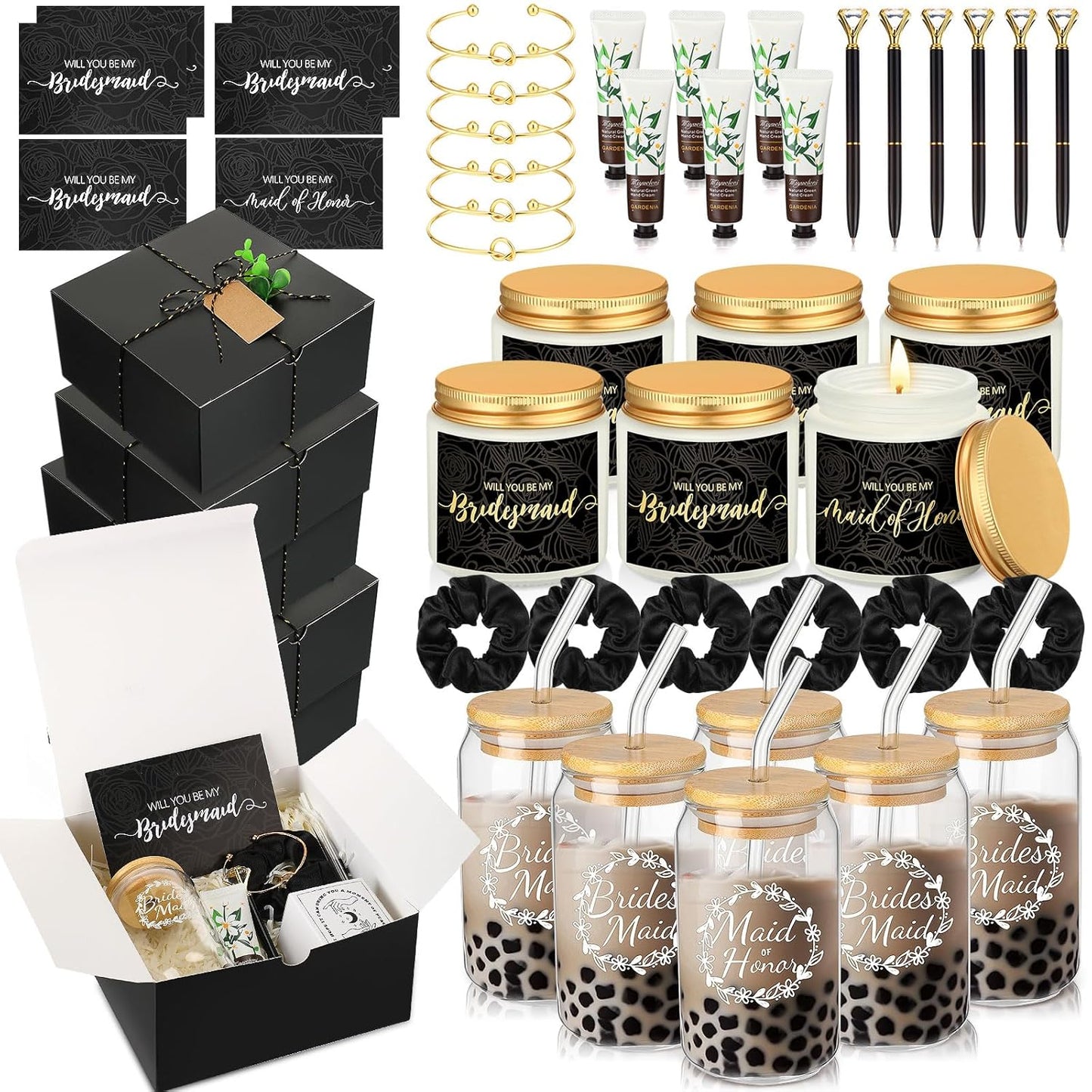 Bridesmaid Proposal Gifts Box Set - 60 Pcs Including Glass Cup, Candle, Cards & More | Black