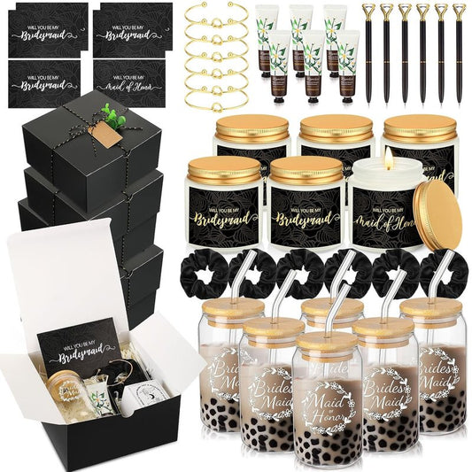 Bridesmaid Proposal Gifts Box Set - 60 Pcs Including Glass Cup, Candle, Cards & More | Black