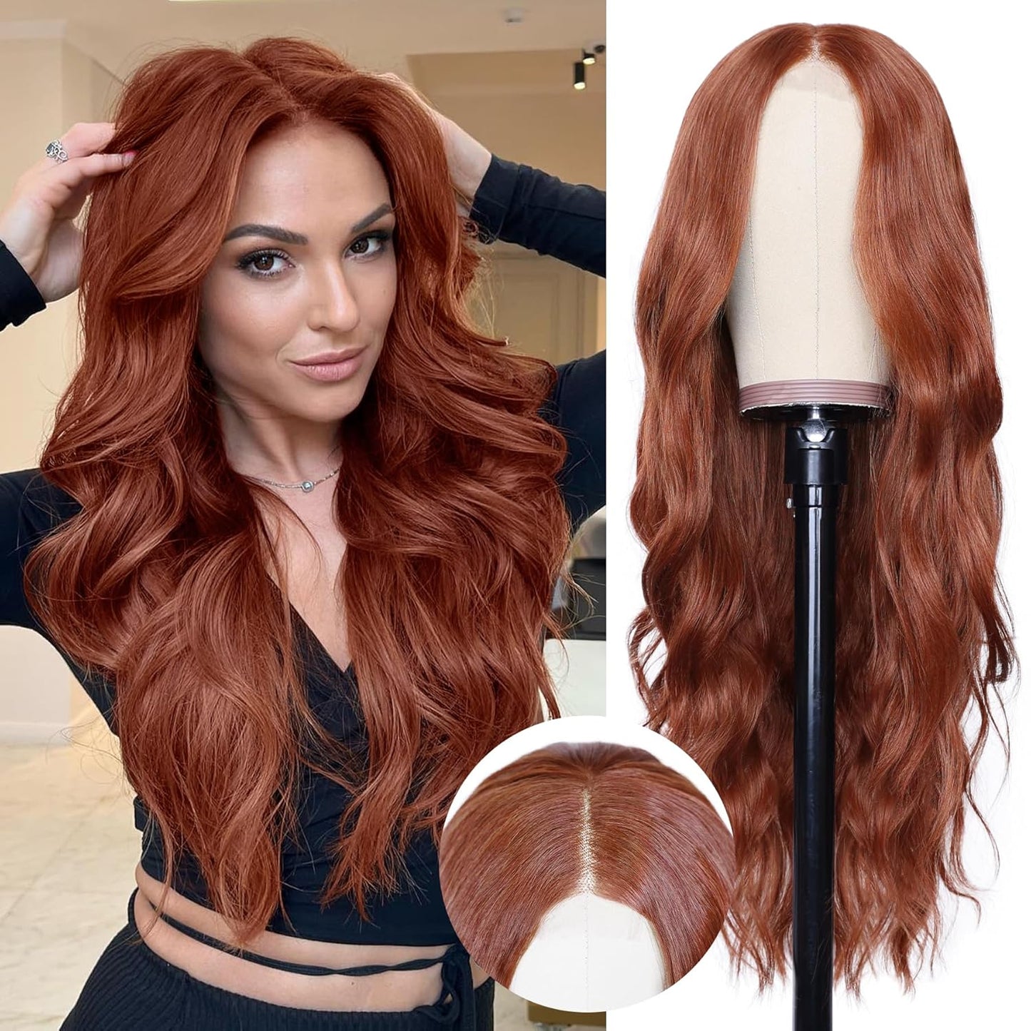 NAYOO Brown Wigs for Women - Long Curly Wavy Hair | Heat Resistant Synthetic Fiber, 24 Inches