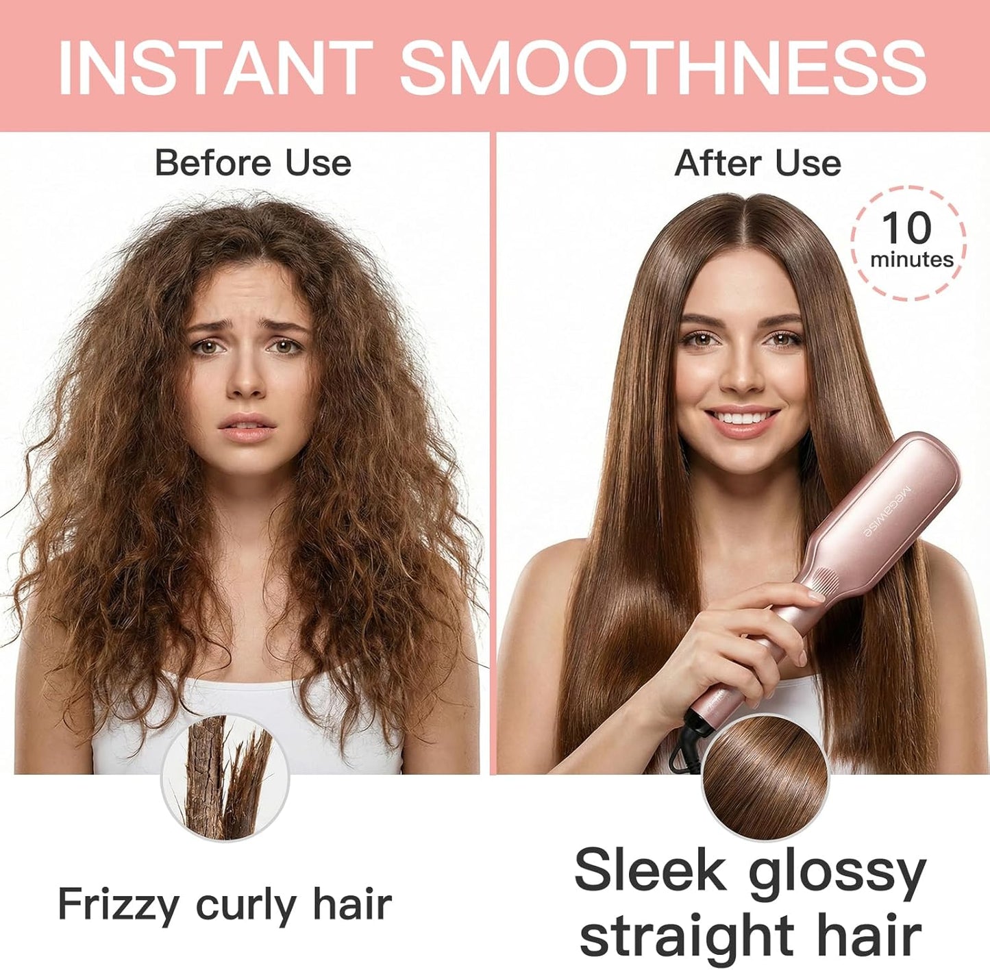 MegaWise Hair Straightener Brush - 2-in-1 Ionic Detangling & Styling Tool with Adjustable Temperature | Anti-Scald Technology, Auto Shut-Off