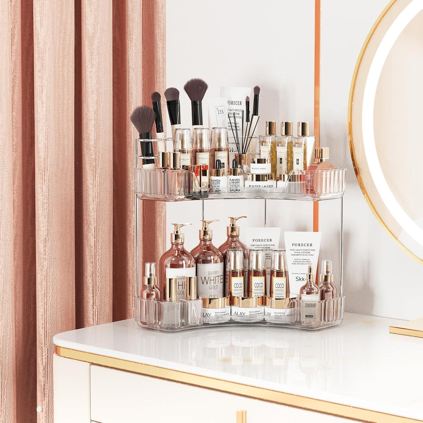 2-Tier Corner Bathroom Counter Organizer - Clear Makeup & Skincare Holder | Toothbrush & Brush Storage